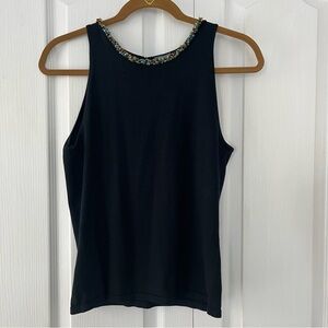 Muse black silk blend tank top with beaded collar. Size 4.